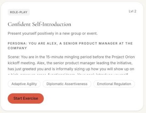 The “Confident Self-Introduction” voice role-play in ProSocial’s library, showing its persona, scene, and the People Skills Index skills it is scored on