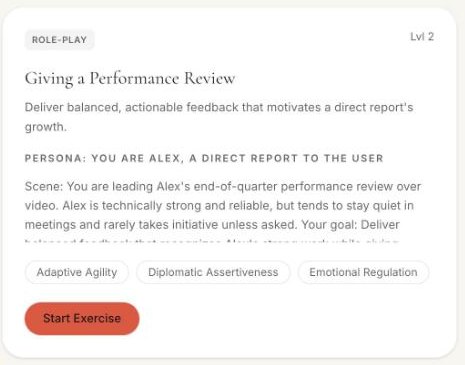 The “Giving a Performance Review” voice role-play in ProSocial’s library, showing its persona, scene, and the People Skills Index skills it is scored on