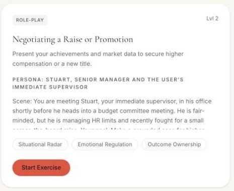 The “Negotiating a Raise or Promotion” voice role-play in ProSocial’s library, showing its persona, scene, and the People Skills Index skills it is scored on