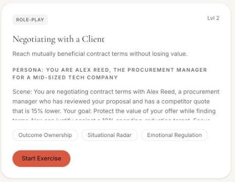 The “Negotiating with a Client” voice role-play in ProSocial’s library, showing its persona, scene, and the People Skills Index skills it is scored on