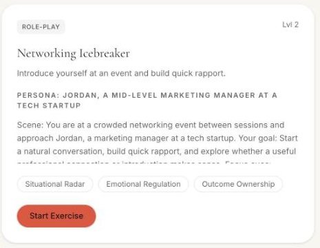 The “Networking Icebreaker” voice role-play in ProSocial’s library, showing its persona, scene, and the People Skills Index skills it is scored on