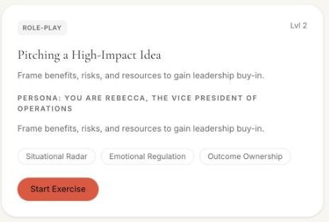 The “Pitching a High-Impact Idea” voice role-play in ProSocial’s library, showing its persona, scene, and the People Skills Index skills it is scored on